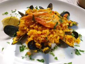 SEAFOOD PAELLA rice with prawns, mussels, squid, salmon (GF)